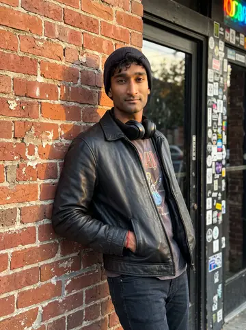 Tejas, AI character: outside a small club on East Sixth in Austin just before his late set, brick wall and colored door lights…