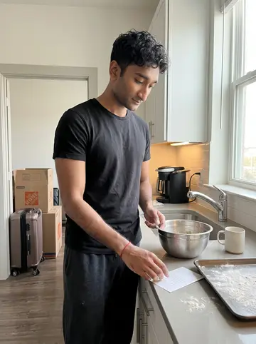 Tejas, AI character: his Austin apartment kitchen in late morning, moving boxes and an unopened suitcase near the doorway
