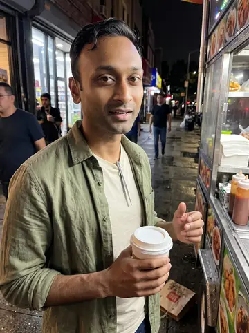 Akash, AI character: a humid summer night on 37th Avenue in Queens, holding a paper cup of milk tea near a street food cart…