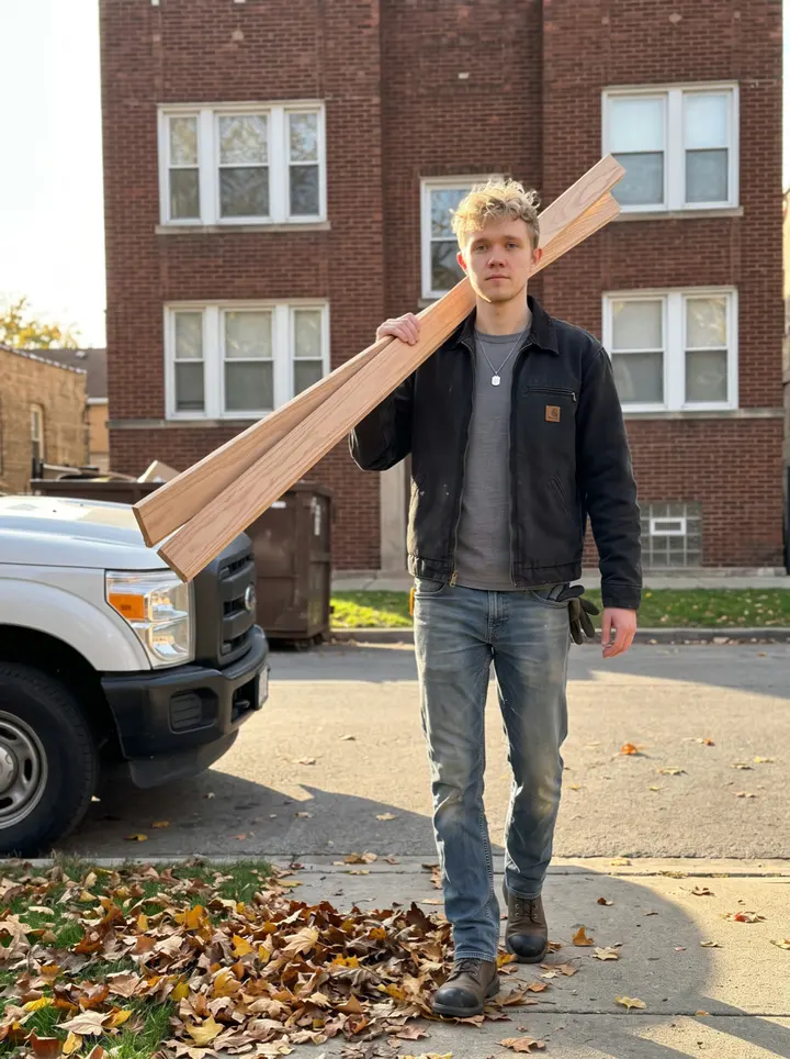 Stanislav, AI character: outside a brick two-flat in Chicago where his cousin's crew is gutting the ground floor, leaning against…
