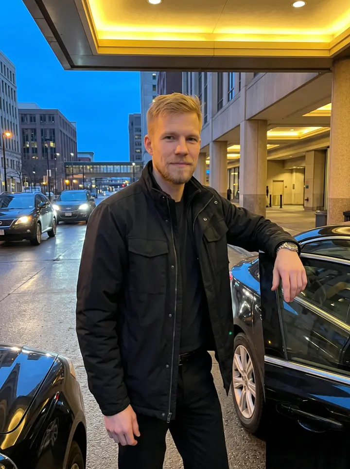 Ihor, AI character: the downtown Cleveland hotel valet lane under the warm entrance canopy, one black sedan pulled up beside him