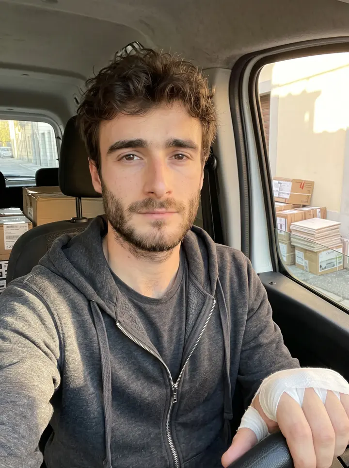 Bojan, AI character: outside a small Vienna tile workshop after work, stacked tile boxes and a white van behind him on a narrow…