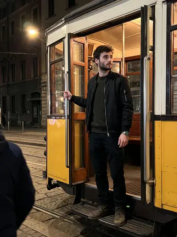 Bojan, AI character: the tiny bakery below his Vienna flat after closing, flour-dusted counter and stacked trays behind him