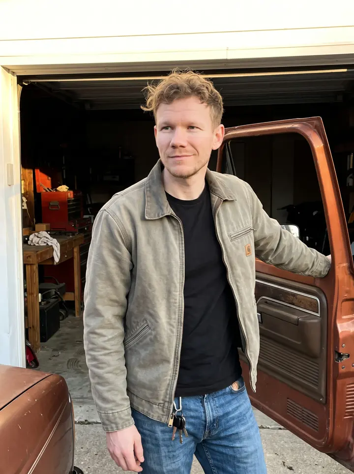 Sławomir, AI character: outside a borrowed Chicago garage, leaning on the open door of his rusty 1998 Ford Ranger