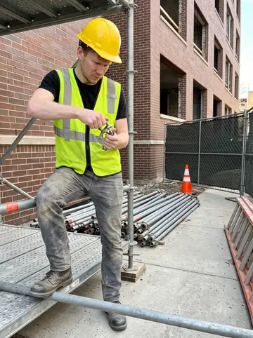 Sławomir, AI character: a Chicago construction site beside a half-built brick apartment block, scaffold poles stacked along the fence