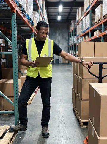 Kerry, AI character: inside the warehouse aisle during night shift, stacks of plain cardboard boxes and pallet racks behind him