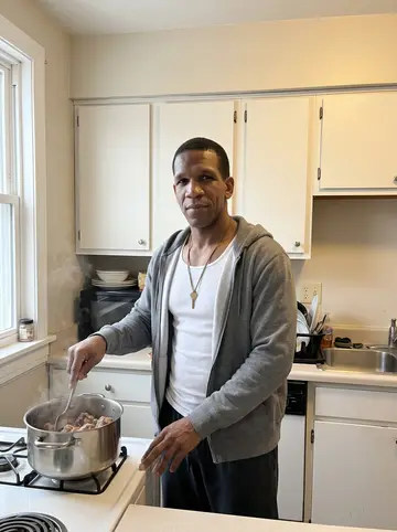 Kerry, AI character: his mother's small Cleveland apartment kitchen, a pot of oxtail on the stove and clean dishes stacked by…