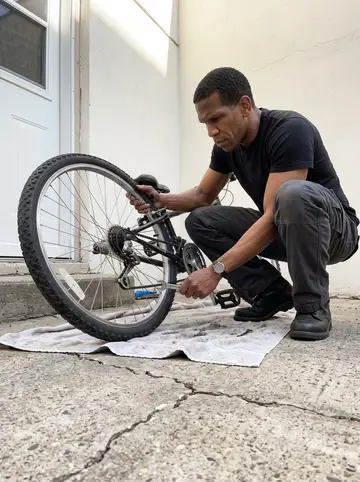 Kerry, AI character: the apartment building courtyard by the basement door, a secondhand bicycle upside down on a towel while…