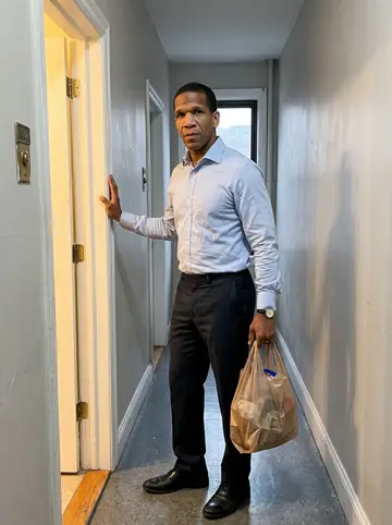 Kerry, AI character: outside his mother's apartment door on a rainy Sunday afternoon, narrow hallway with a grocery bag on the…