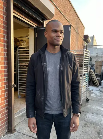Kwabena, AI character: outside the back door of a Bronx bakery just after sunrise, metal bread racks stacked near the wall and…