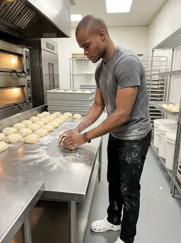 Kwabena, AI character: bakery production floor in the Bronx before dawn, stainless prep table, dough trays, flour bins, warm…