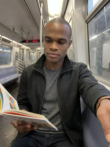 Kwabena, AI character: a mostly empty Bronx subway car after shift, rain streaks on the window behind him, a children's picture…