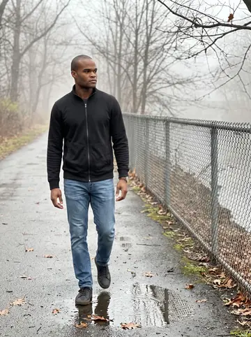 Kwabena, AI character: Bronx River Greenway in early morning fog, wet path, bare trees, chain-link fence and river glimpsed behind