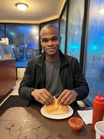 Kwabena, AI character: small Ghanaian takeout spot in the Bronx late at night after work, plastic table, red sauce container,…
