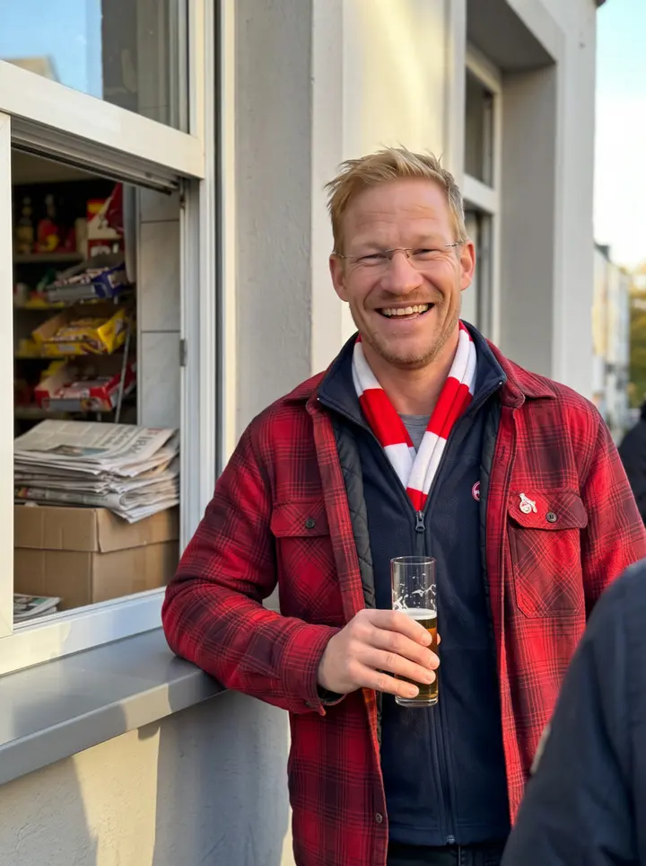 Henrik, AI character: on the street corner outside his Büdchen kiosk in Cologne's Südstadt, leaning an elbow on the open sales…