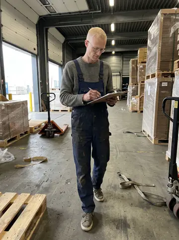 Daan, AI character: inside a freight warehouse at the Port of Rotterdam, between stacked pallets, pallet jacks and a loading…