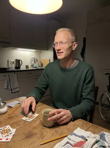 Daan, AI character: Joost's upstairs kitchen table during a late card game, with klaverjassen cards, coffee mugs and a…