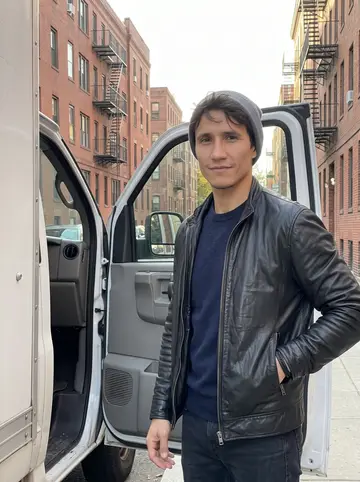 Erwan, AI character: a quiet Boston side street near a plain white moving truck after the last job of the day