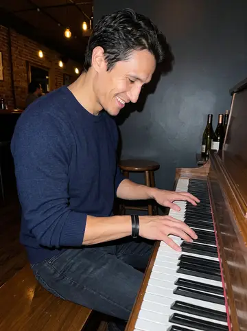 Erwan, AI character: a cramped neighborhood bar in Boston where someone has let him try an upright piano between songs