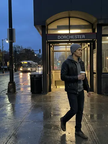 Erwan, AI character: outside an MBTA station in Dorchester after drizzle, wet pavement reflecting bus lights