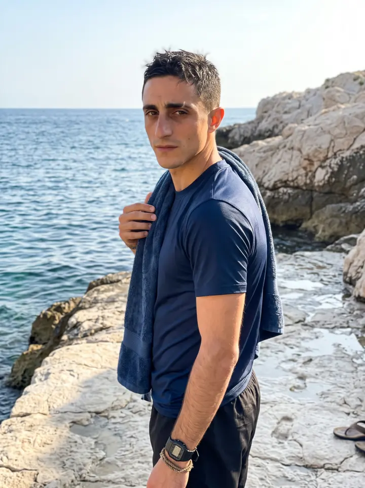 Cédric, AI character: the rocks at Malmousque just after an early swim, Marseille sea behind him and warm low sun on the limestone