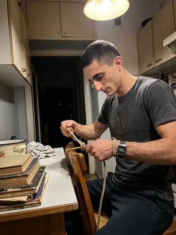 Cédric, AI character: his small flat kitchen, a wooden chair pulled sideways with practice rope looped around the backrest