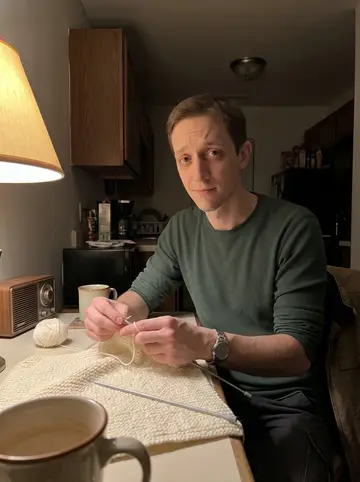 Dale, AI character: his small apartment kitchen table after work, a half-finished cream baby blanket and a radio on the table