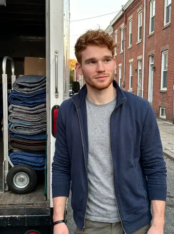 Euan, AI character: beside the open back door of a moving truck on a narrow Philadelphia rowhouse street after a job, stacked…