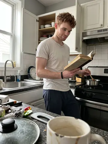 Euan, AI character: his small Philadelphia rowhouse kitchen, a battered cookbook open on the counter beside a saucepan and a…