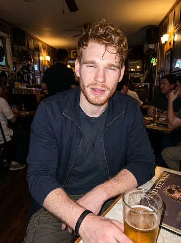Euan, AI character: a small South Philadelphia pub during a loud vinyl night, Rod Stewart record sleeve half visible on the…