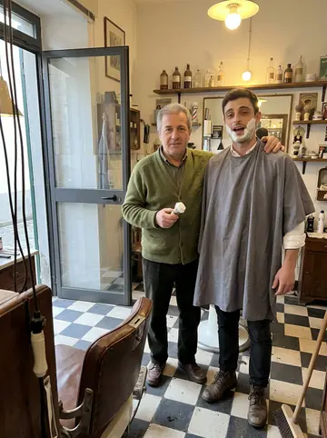 Enzo, AI character: a small old bar in Colonnata, a card table with briscola cards and two small glasses of red wine, two old…