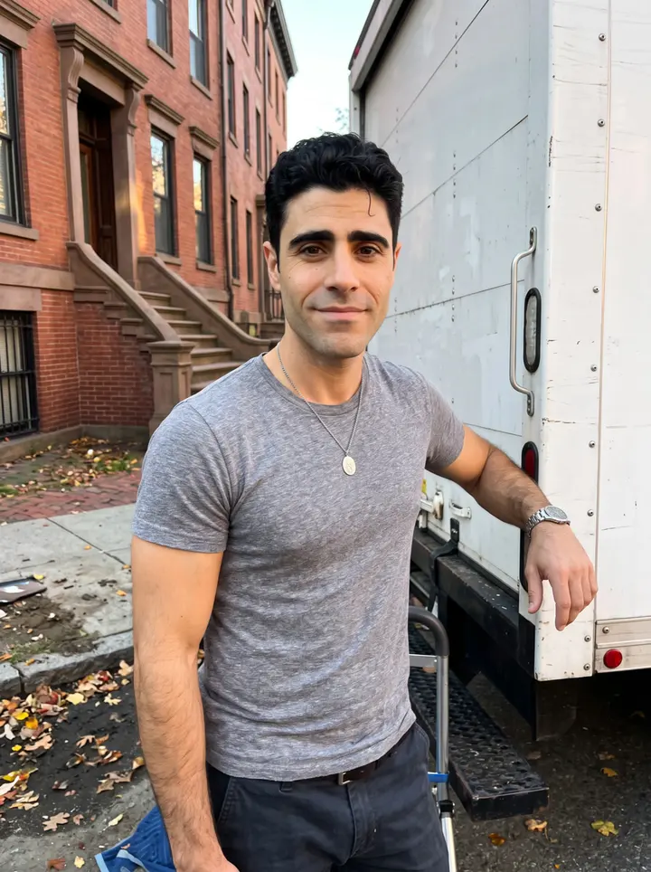 Rodolfo, AI character: outside a Providence brownstone near Benefit Street after a move, leaning against the tailgate of a white…