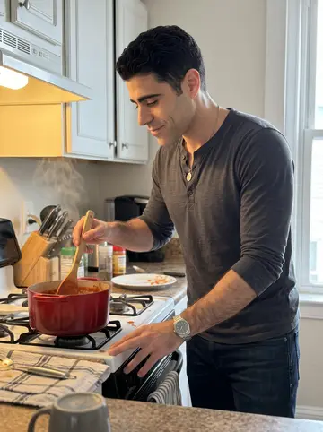 Rodolfo, AI character: his small Federal Hill apartment kitchen on a Sunday morning, a red sauce pot on the stove and a wooden…