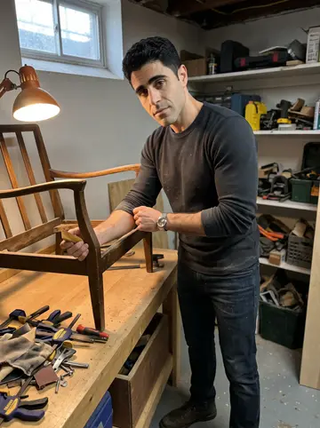 Rodolfo, AI character: a basement corner workshop where he is restoring an old armchair, with clamps, sandpaper and fabric…