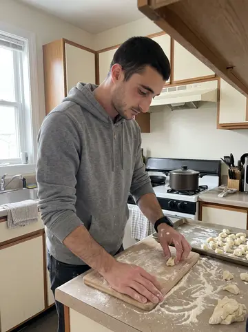 Brando, AI character: his small Providence apartment kitchen on a Monday morning, flour on the counter and a sheet pan ready…