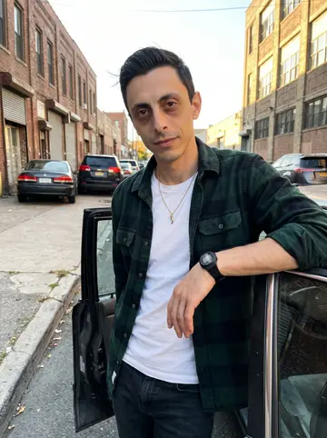 Onofrio, AI character: a Newark side street near the warehouse at late golden hour, standing by the open door of an older dark…