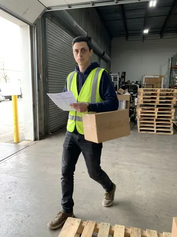 Onofrio, AI character: the loading bay of a Newark warehouse during a bright spring lunch shift, pallets and a roll-up door…