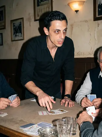 Onofrio, AI character: inside a small Italian social club in Newark on a winter night, seated at a crowded card table with older…