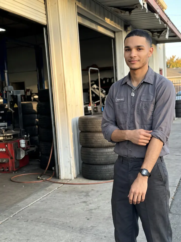 Francisco, AI character: outside the Fresno tire shop after closing, stacked tires and the open bay door behind him, warm low sun…