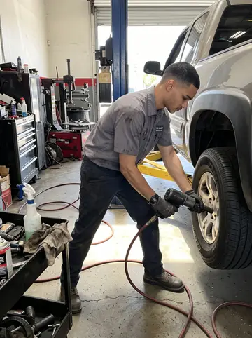 Francisco, AI character: the tire shop service bay in Fresno, concrete floor, tire machine, air hose and a pickup truck on the lift