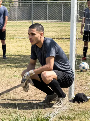 Francisco, AI character: Sunday pickup soccer at a Fresno park, dusty grass goalmouth and chain-link fence behind him