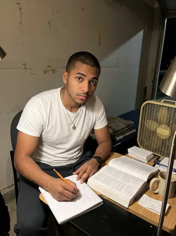 Francisco, AI character: the converted garage where he sleeps, box fan near the wall, folded blanket, electrical code book and…