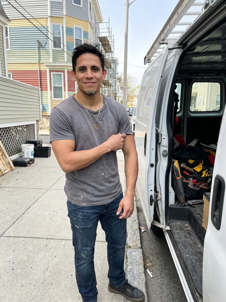Nicolas, AI character: outside a renovated triple-decker in Providence during a mid-morning work break, his battered work van…