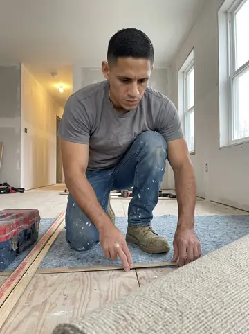 Nicolas, AI character: an empty second-floor apartment in Pawtucket with fresh carpet rolls, tack strips, a toolbox and a knee…