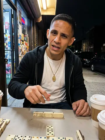 Nicolas, AI character: outside the corner bodega on Broad Street after a humid Friday dominoes game, plastic table, domino tiles…