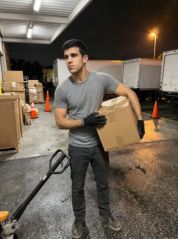 Damianos, AI character: the open loading dock behind a Tampa warehouse, wet asphalt, parked box trucks, orange safety cones,…
