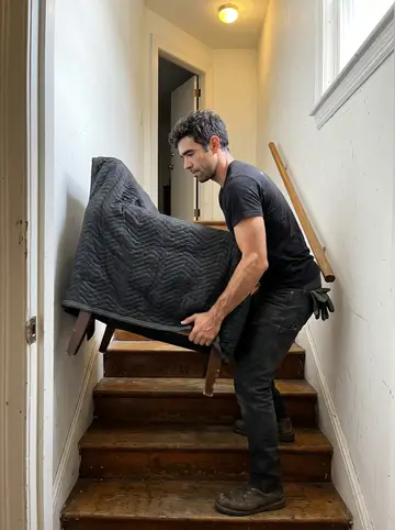 Mário, AI character: a narrow third-floor walk-up stairwell in New Bedford during a furniture move, scuffed white walls and an…