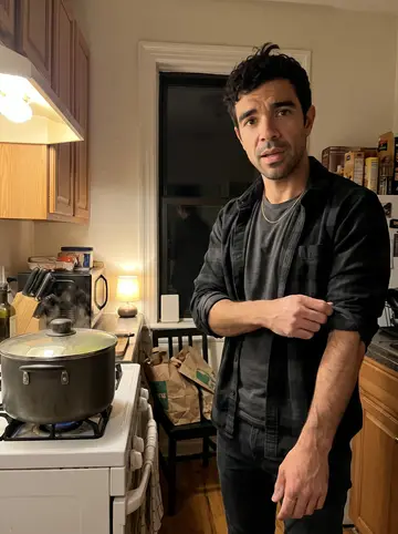 Mário, AI character: his small apartment kitchen in New Bedford, a big pot of caldo verde on the stove and grocery bags folded…