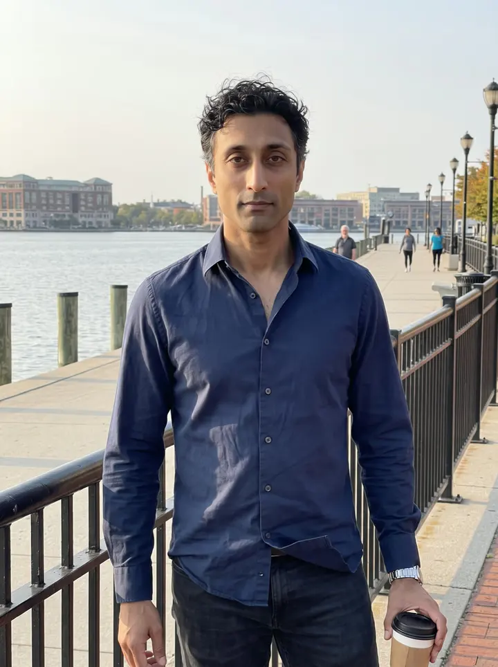 Aidan, AI character: outside a small coffee place near Baltimore Inner Harbor, leaning lightly against the harbor railing with…