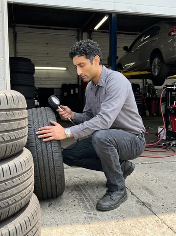 Aidan, AI character: open bay of the tire shop in Baltimore, stacks of tires and a sedan on the lift behind him
